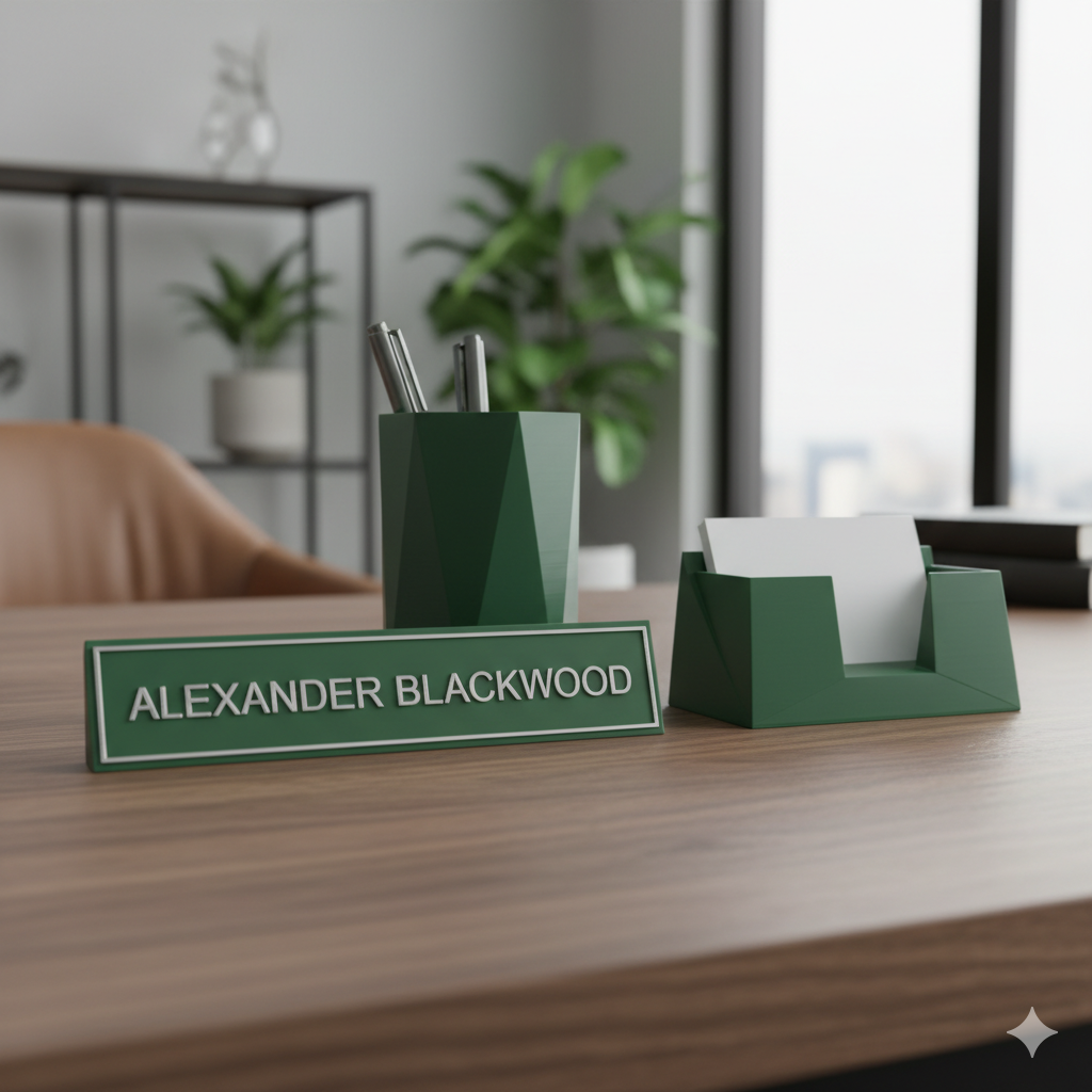 Executive desk totem mockup on walnut base